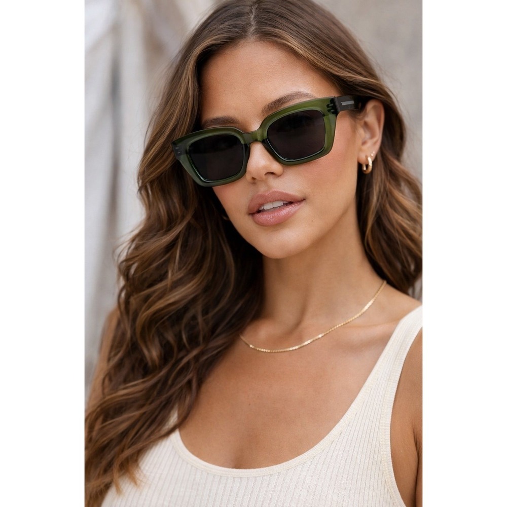 Geometric Cat Eye Sunglasses‎ Olive Green Thick Frame UV400 Retro